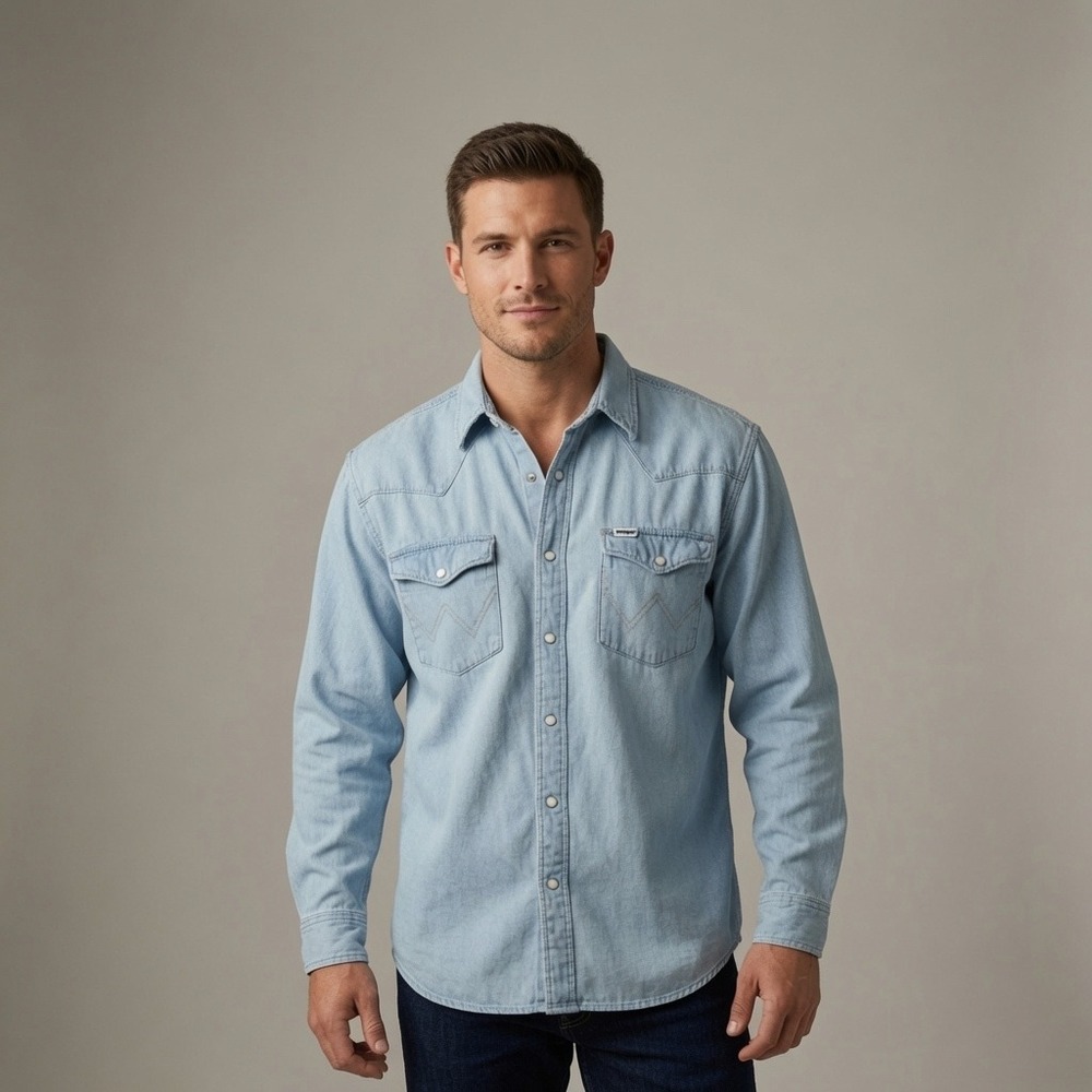Wrangler Mens XXL Light Wash Denim Western Snap Shirt Long Sleeve Pearl Snap